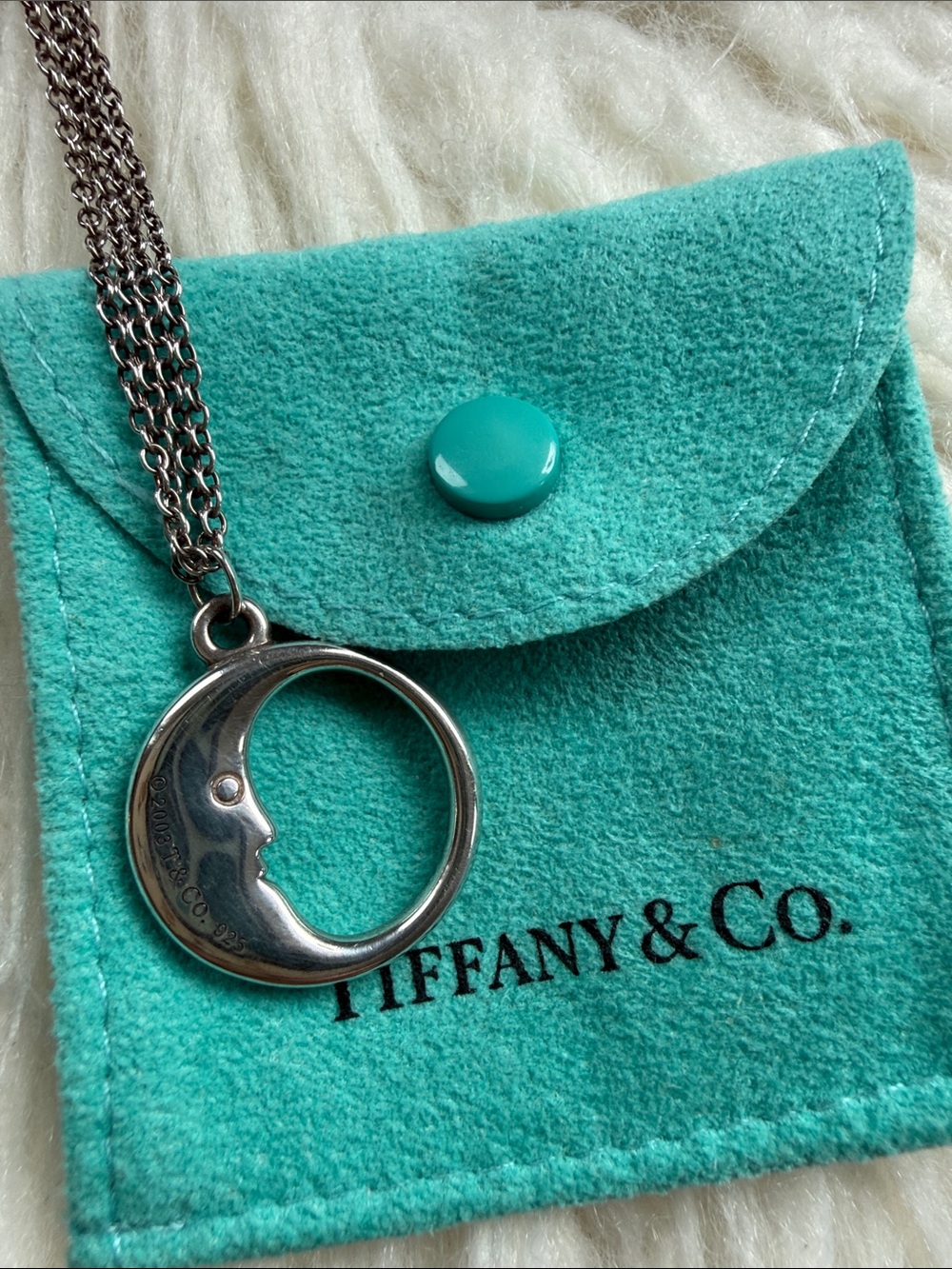 Tiffany & Co. Silver Moon Face Pendant Necklace with Turquoise Pouch